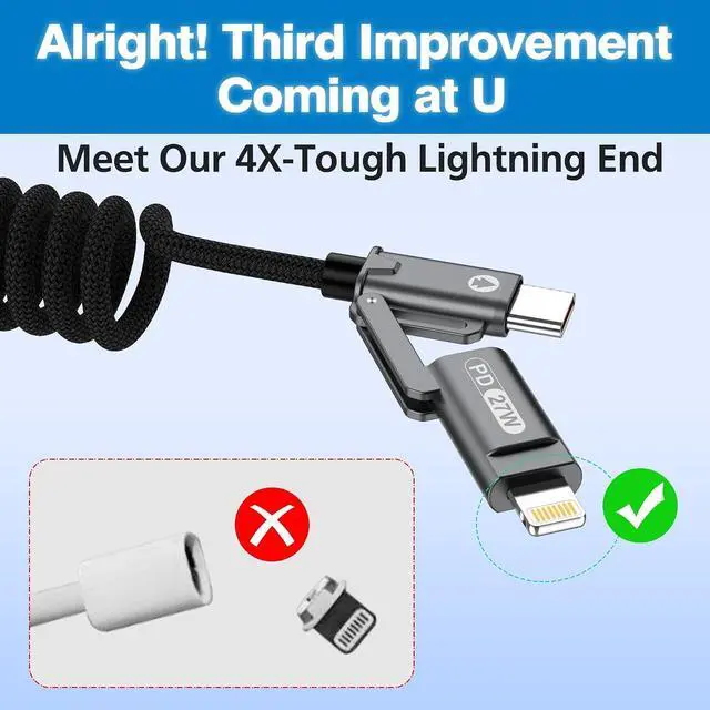 Alt view image 11 of 14 - 3ft 4-in-1 Coiled Multi USB C Charging Cable Secure-Slide No-Loss Adapters Slim Tips Fit Thick Cases Lightning End Reinforced PD 60W for iPhone Carplay iPad Black