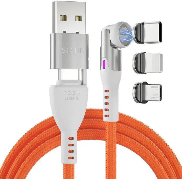 Alt view image 8 of 13 - 360 Pro Magnetic Charging Cable - Type C Charger Fast Charging 3 in 1 USB C to USB C Cable Micro USB & iProduct Tips USB A Adapter Fits All Devices - 100W Fast Charger Orange 6FT/2M
