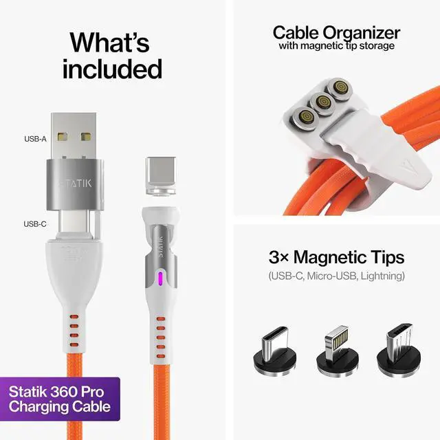 Alt view image 12 of 13 - 360 Pro Magnetic Charging Cable - Type C Charger Fast Charging 3 in 1 USB C to USB C Cable Micro USB & iProduct Tips USB A Adapter Fits All Devices - 100W Fast Charger Orange 6FT/2M