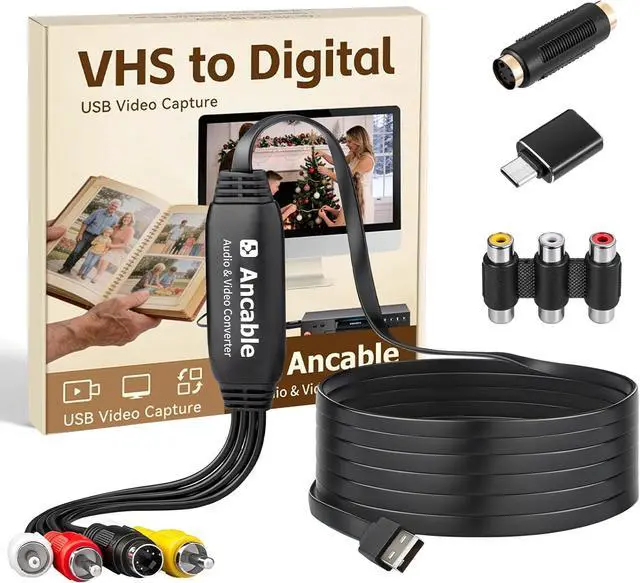 Main image of 3-Feet VHS to Digital Converter Video Capture Card for Mac/Windows Preserve Old Family Memories from VCR VHS Hi8 MiniDV USB 2.0 RCA to USB with S-Video & USB-C Adapter Full Software Guide Included