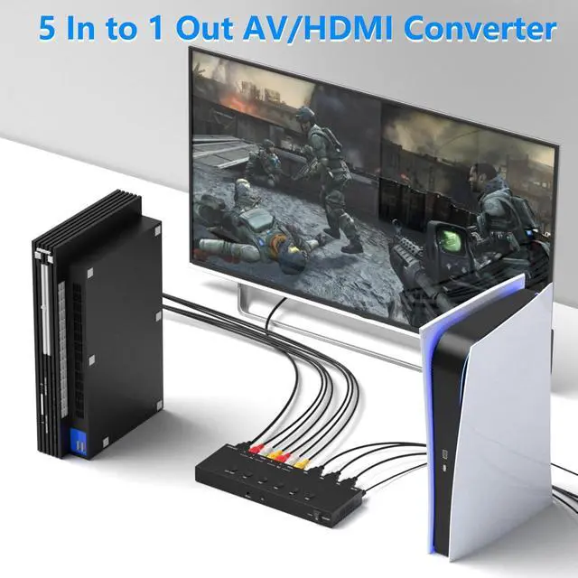 Alt view image 5 of 7 - 5 in to 1 Out RCA/HDMI Switcher3 Way HDMI 2.0 + 2 RCA to HDMI Converter Support 4:3/16:9 4K and 3D for PS1/2/3/4/5 N64 SNES Switch DVD etc.
