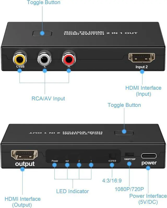 Alt view image 2 of 7 - RCA to HDMI Converter AV to HDMI Converter Adapter 2 in 1 Out(1 RCA and 1 hdmi in) with HDMI Cable Support 4K@30Hz 3D 1080P for VHS VCR Xbox Blue-Ray DVD Players