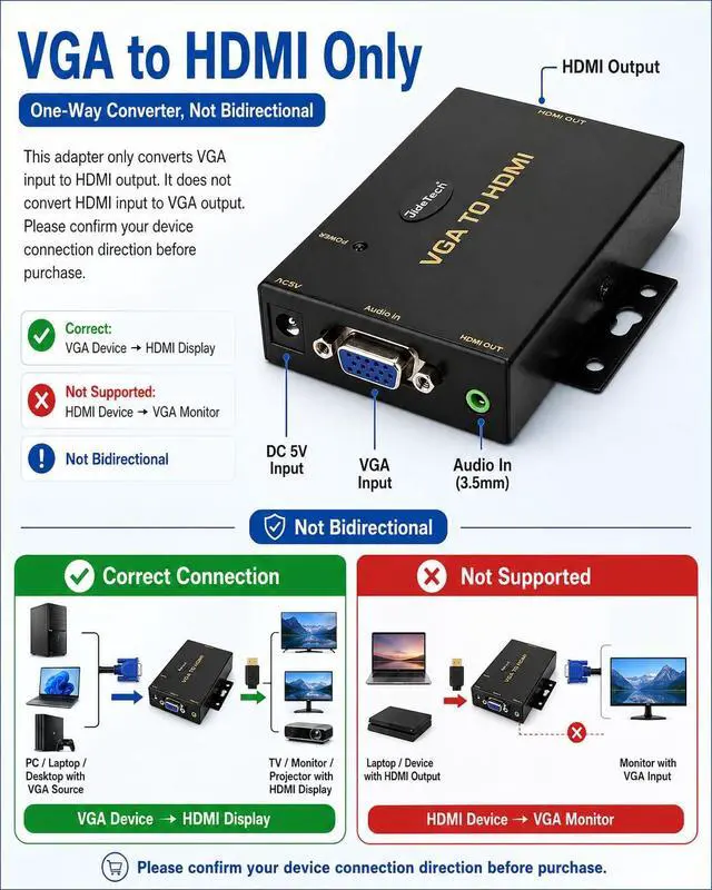 Alt view image 3 of 7 - VGA to HDMI Converter with Audio, One-Way VGA Source to HDMI Display Adapter, 1080P Active Converter, DC 5V Powered, 3.5mm Audio Input, for HDTV, Monitor and Projector