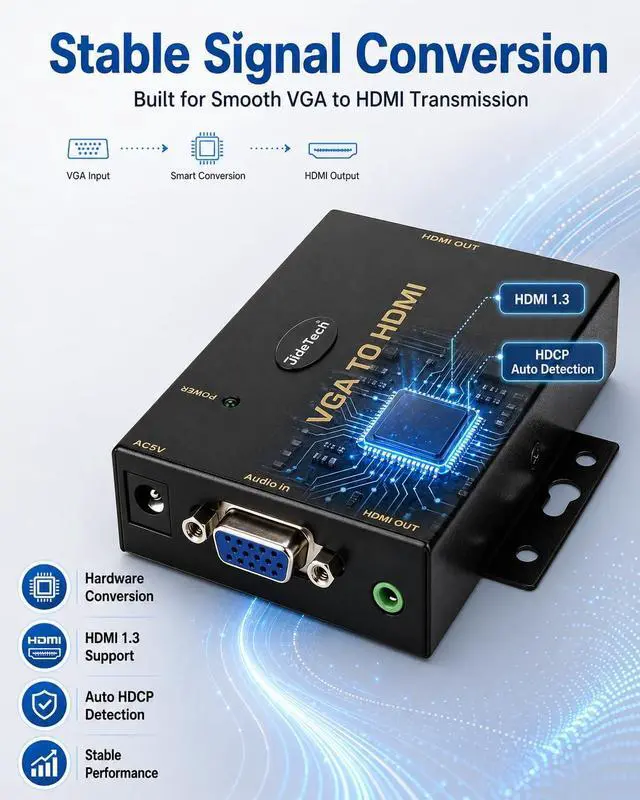 Alt view image 5 of 7 - VGA to HDMI Converter with Audio, One-Way VGA Source to HDMI Display Adapter, 1080P Active Converter, DC 5V Powered, 3.5mm Audio Input, for HDTV, Monitor and Projector