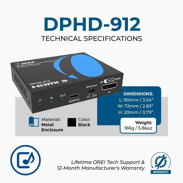 Alt view image 5 of 7 - 8K DP|HD Audio Extractor & Converter SPDIF + 3.5mm Output HDCP 2.3 8K@30Hz DP / 4K@60Hz HDMI Dolby Digital/DTS CEC HDR Dolby Vision (DPHD-912)