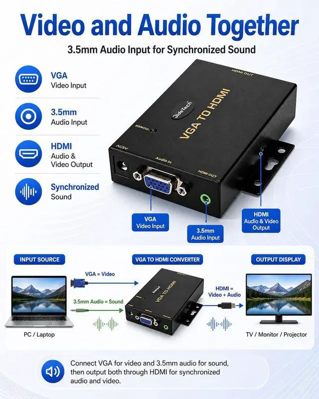 Alt view image 6 of 7 - VGA to HDMI Converter with Audio, One-Way VGA Source to HDMI Display Adapter, 1080P Active Converter, DC 5V Powered, 3.5mm Audio Input, for HDTV, Monitor and Projector