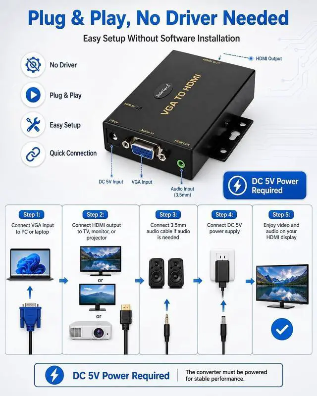 Alt view image 7 of 7 - VGA to HDMI Converter with Audio 1080P Full HD Adapter with 3.5mm Audio Jack Plug & Play VGA to HDMI Converter for PC Laptop Desktop Monitor Projector TV