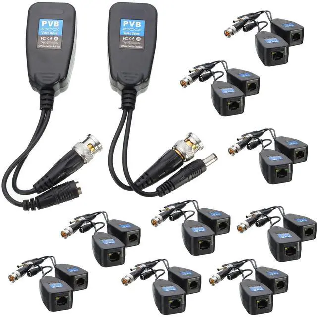 Main image of 10 Pairs HD-CVI/TVI/AHD Passive Video Balun with Power Connector and RJ45 CAT5 Data Transmitter BNC Twisted Pair