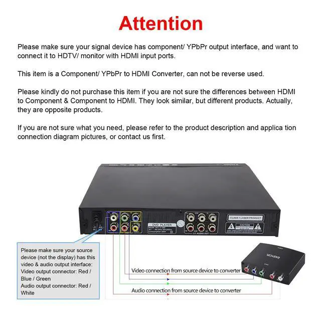 Alt view image 2 of 7 - Component to HDMI Converter with 1.2 Meter HD Cable 1080P 5RCA YPbPr to HDMI Converter