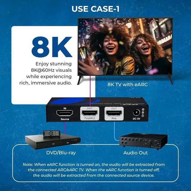Alt view image 3 of 7 - 8K eARC HDMI Audio Extractor Converter ARC Support 48Gbps 4K @ 120hz - Dolby Digital/DTS Passthrough CEC HDR Dolby Vision Atmos Supported - Send eARC Signal to Old AV Receiver (BK-927)