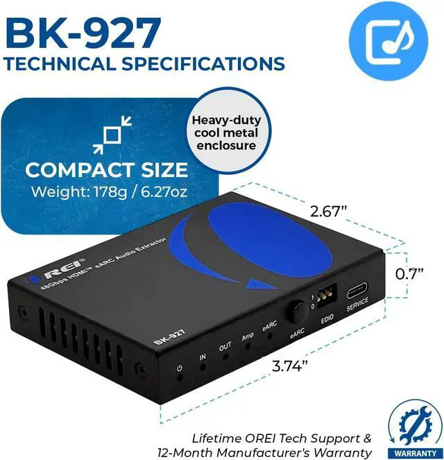 Alt view image 5 of 7 - 8K eARC HDMI Audio Extractor Converter ARC Support 48Gbps 4K @ 120hz - Dolby Digital/DTS Passthrough CEC HDR Dolby Vision Atmos Supported - Send eARC Signal to Old AV Receiver (BK-927)