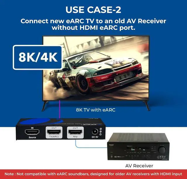 Alt view image 4 of 7 - 8K eARC HDMI Audio Extractor Converter ARC Support 48Gbps 4K @ 120hz - Dolby Digital/DTS Passthrough CEC HDR Dolby Vision Atmos Supported - Send eARC Signal to Old AV Receiver (BK-927)