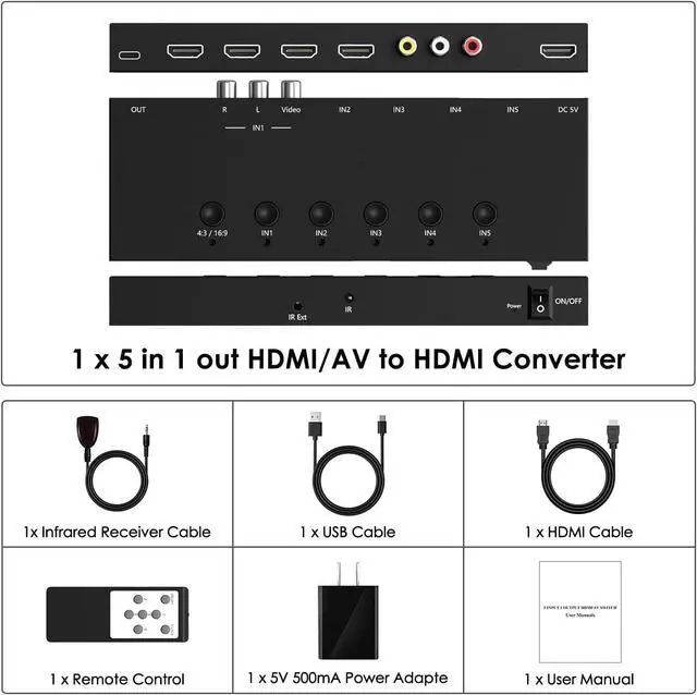 Alt view image 7 of 7 - 5 in 1 Out HDMI/AV Switch 4K-HD MI+1AV to HDMI Converter Support HDR & HDCP 2.2 & Full 3D with IR Remote Control Compatible with Sega/Xbox/PS1/PS2/Nintendo Switch Xbox / TV