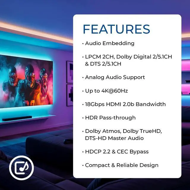 Alt view image 7 of 7 - 4K HDMI Audio Embedder Audio Embedder Inserter Digital Analog Audi + DVI to HDMI Support TOSLINK Optical 3.5mm Jack AUX Sound Input 4K60Hz 18Gbps HDR HDCP2.2