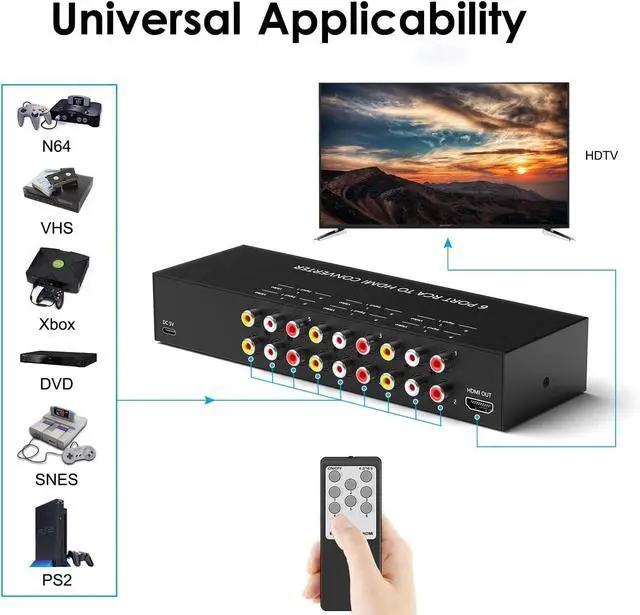 Alt view image 4 of 5 - 6 Port RCA to HDMI 1080P/720P 6 Way AV to HDMI Converter Composite CVBS AV Switch to HDMI Converter Adapter Support 4:3/16:9 Switching for Sega Xbox PS2 PS3 N64 NGC SNES WII VHS VCR Camera