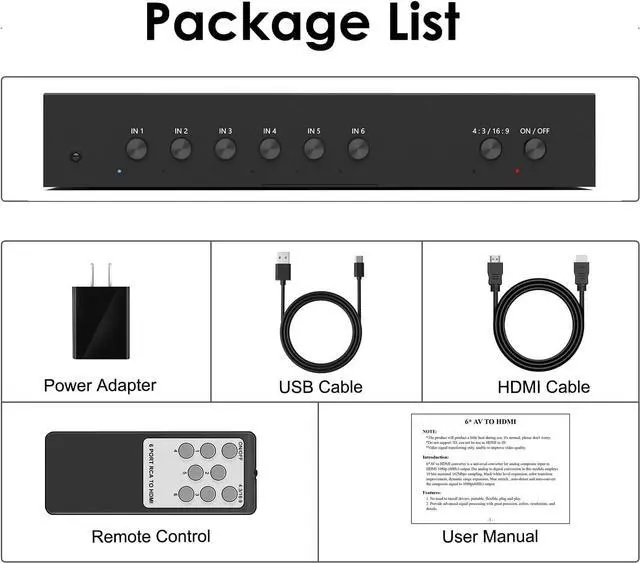 Alt view image 5 of 5 - 6 Port RCA to HDMI 1080P/720P 6 Way AV to HDMI Converter Composite CVBS AV Switch to HDMI Converter Adapter Support 4:3/16:9 Switching for Sega Xbox PS2 PS3 N64 NGC SNES WII VHS VCR Camera