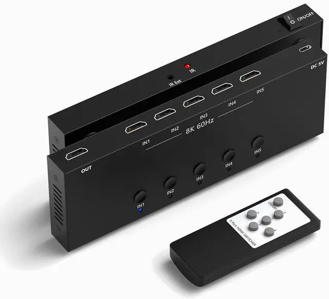 Main image of 8K 5 in to 1 Out HDMI Switcher5 Way HDMI Converter & Infrared Remote Control - Ideal for Nintendo Switch/OLED/Xbox /4/3 Blu-Ray Player Fire TV Stick TV Chromecast PC