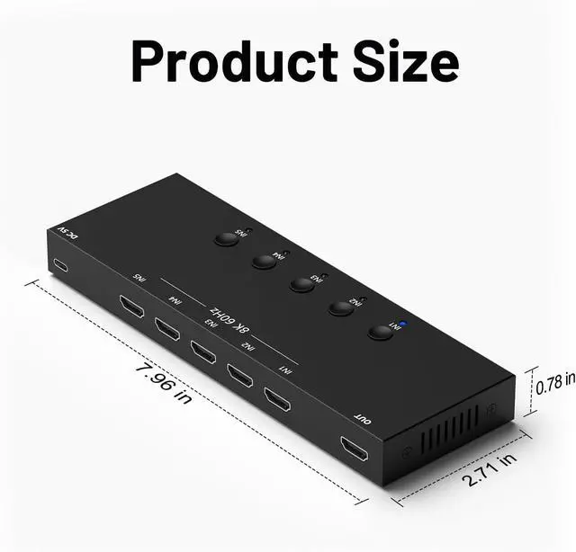 Alt view image 2 of 7 - 8K 5 in to 1 Out HDMI Switcher5 Way HDMI Converter & Infrared Remote Control - Ideal for Nintendo Switch/OLED/Xbox /4/3 Blu-Ray Player Fire TV Stick TV Chromecast PC