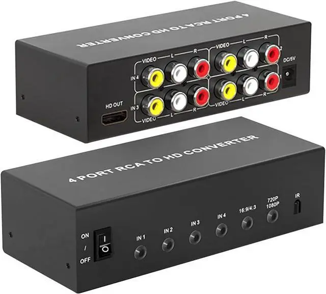 Main image of 4 Port AV to HDMI Converter 1080P Fit for RCA/Composite/CVBS to HDMI Converter Adapter Support 16:9/4:3 Switch Compatible with Wii N64 PS1 PS2 PS3 VHS VCR DVD Players etc (with Remote)