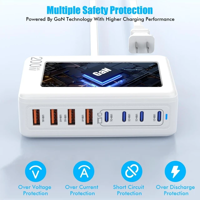 Alt view image 3 of 7 - USB C Charger Block 200W GaN 8 Port USB C Charging Station USB Hub Block Cube Type C & USB A Wall Charger Power Adapter for Multiple Devices iPhone 16/15/14 Steam Deck MacBook Pro/Air iPad Pro