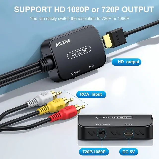 Alt view image 3 of 6 - RCA to HDMI Converter AV to HDMI Converter with RCA Cable & HDMI Cable Supports PAL/NTSC for /VHS/VCR/Blue-Ray DVD Players