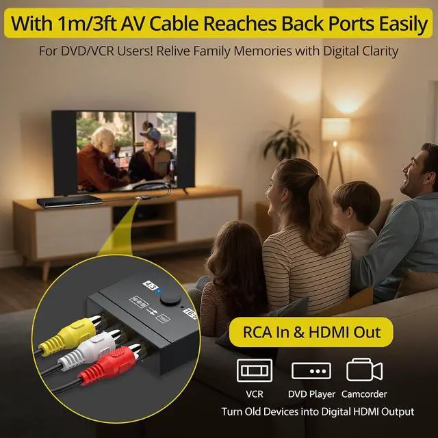 Alt view image 3 of 7 - RCA to HDMI Converter with 4:3/16:9 Switch AV to HDMI Adapter for TV Composite CVBS Video Audio Converter for PS1/PS2/N64/Wii/Xbox/VCR/VHS/DVD Supports PAL/NTSC Plug & Play