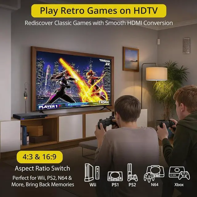 Alt view image 4 of 7 - RCA to HDMI Converter with 4:3/16:9 Switch AV to HDMI Adapter for TV Composite CVBS Video Audio Converter for PS1/PS2/N64/Wii/Xbox/VCR/VHS/DVD Supports PAL/NTSC Plug & Play