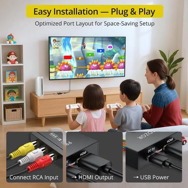 Alt view image 5 of 7 - RCA to HDMI Converter with 4:3/16:9 Switch AV to HDMI Adapter for TV Composite CVBS Video Audio Converter for PS1/PS2/N64/Wii/Xbox/VCR/VHS/DVD Supports PAL/NTSC Plug & Play