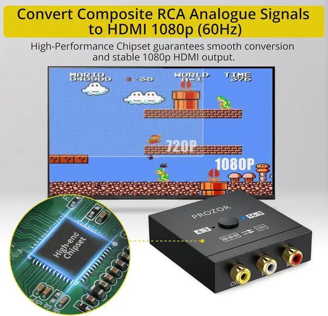 Alt view image 6 of 7 - RCA to HDMI Converter with 4:3/16:9 Switch AV to HDMI Adapter for TV Composite CVBS Video Audio Converter for PS1/PS2/N64/Wii/Xbox/VCR/VHS/DVD Supports PAL/NTSC Plug & Play