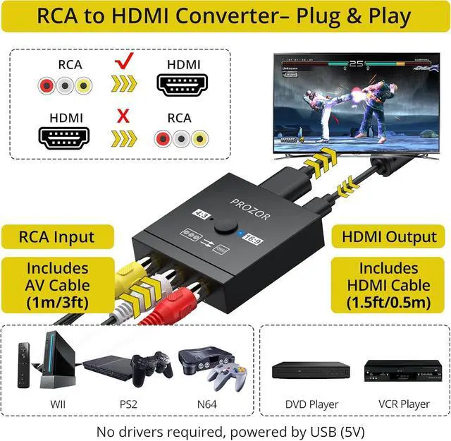 Alt view image 7 of 7 - RCA to HDMI Converter with 4:3/16:9 Switch AV to HDMI Adapter for TV Composite CVBS Video Audio Converter for PS1/PS2/N64/Wii/Xbox/VCR/VHS/DVD Supports PAL/NTSC Plug & Play