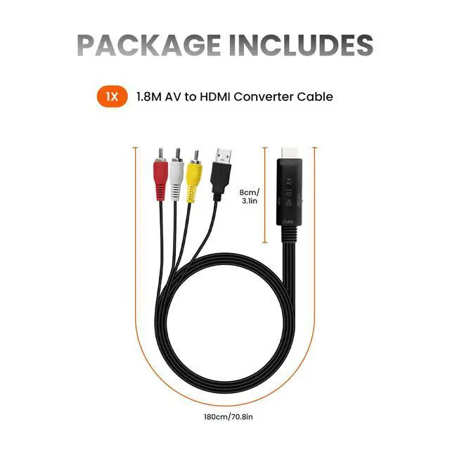 Alt view image 7 of 7 - RCA to HDMI Converter Cable (6ft/1.8m) - All-in-One AV to HDMI Adapter Cord for VHS VCR DVD Players - Plug and Play 1080P Upscaling Composite Video to HDMI Monitor Support PAL/NTSC