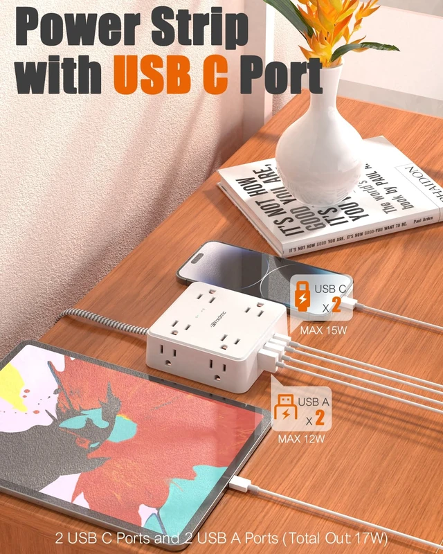 Alt view image 6 of 7 - 2 Prong Power Strip, 2 Prong to 3 Prong Outlet Adapter with 5ft Cord 1400J Two Prong Surge Protector, Flat Polarized Plug, 8 AC with 2 USB C and 2 USB A, Wall Mountable, Ideal for Old House