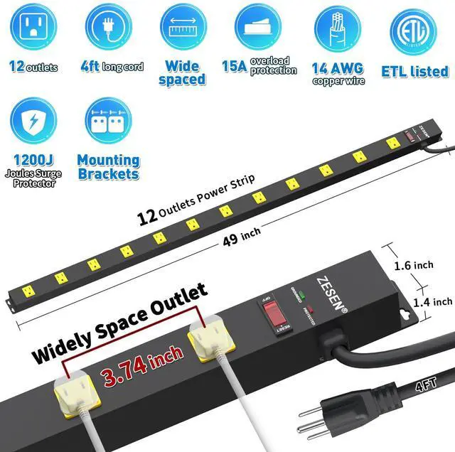 Alt view image 2 of 7 - 12 Outlet Long Power Strips Heavy Duty Wide-Spaced Outlets Industrial Power Strip Surge Protector with 4ft Cord for Garage Workshop Office Home, ETL Certified, 1875W, Black