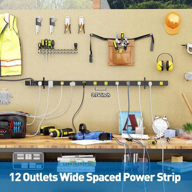 Alt view image 4 of 7 - 12 Outlet Long Power Strips Heavy Duty Wide-Spaced Outlets Industrial Power Strip Surge Protector with 4ft Cord for Garage Workshop Office Home, ETL Certified, 1875W, Black