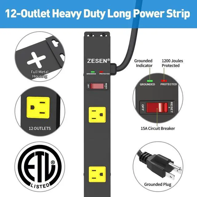 Alt view image 6 of 7 - 12 Outlet Long Power Strips Heavy Duty Wide-Spaced Outlets Industrial Power Strip Surge Protector with 4ft Cord for Garage Workshop Office Home, ETL Certified, 1875W, Black
