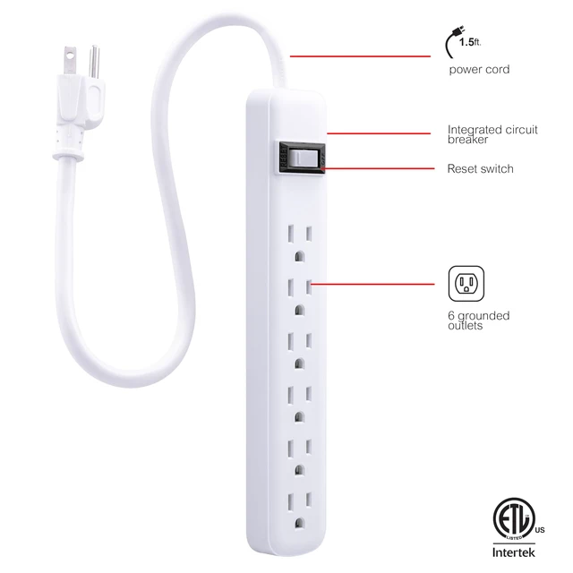 Alt view image 2 of 6 - Power Strip, 2 Count, 6 Outlet Extender, Extension Cord, 1.5 Ft (Pack of 6)