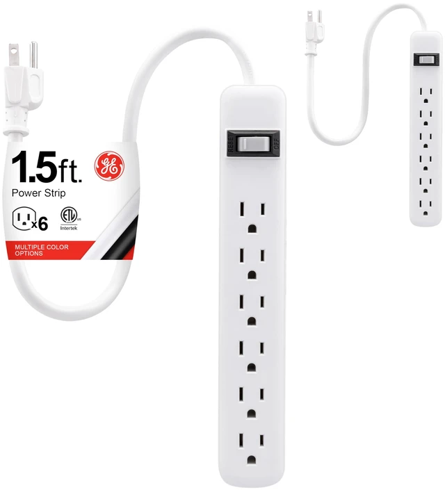 Main image of Power Strip, 2 Pack, 6 Outlet Extender, 1.5 ft Extension Cord, Plastic Multiple Outlets, Wall Mount, On Off Switch, Home Office Dorm Essentials, ETL Safety Listed, White, 14833