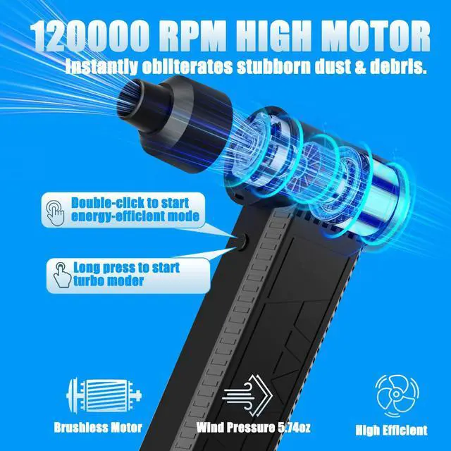 Alt view image 3 of 7 - Electric Compressed Air Duster -120000RPM Super Power Cordless Air Duster, Rechargeable Brushless Motor Durable Blower, 4-Gear Adjustable Dust Blower for Computer,PC,Keyboard Charging