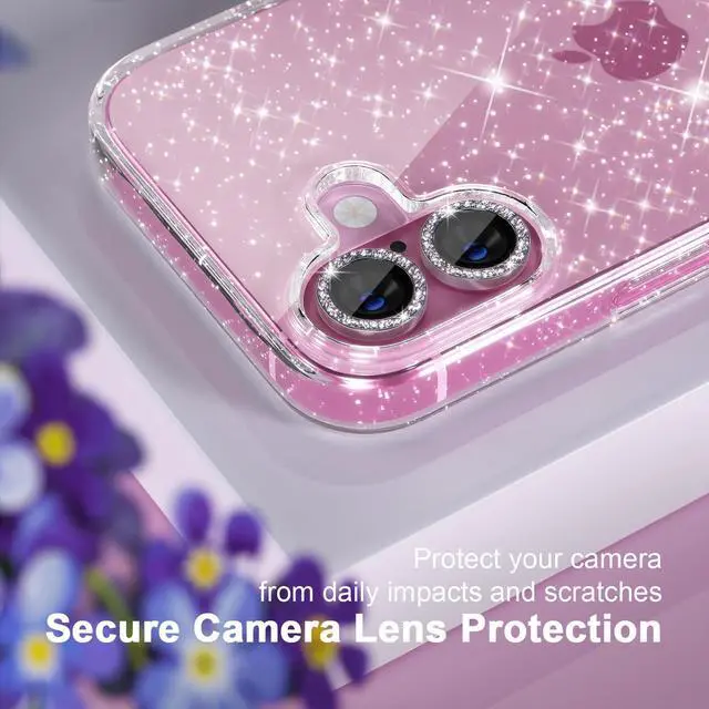 Alt view image 3 of 7 - Compatible for iPhone 16 Case Women Phone Case, Cute Bling Sparkly, Military Grade Drop Protection, 2 Diamond Camera Lens Covers, 2 Tempered Glass Protectors, 6.1 inch (Glitter Clear)