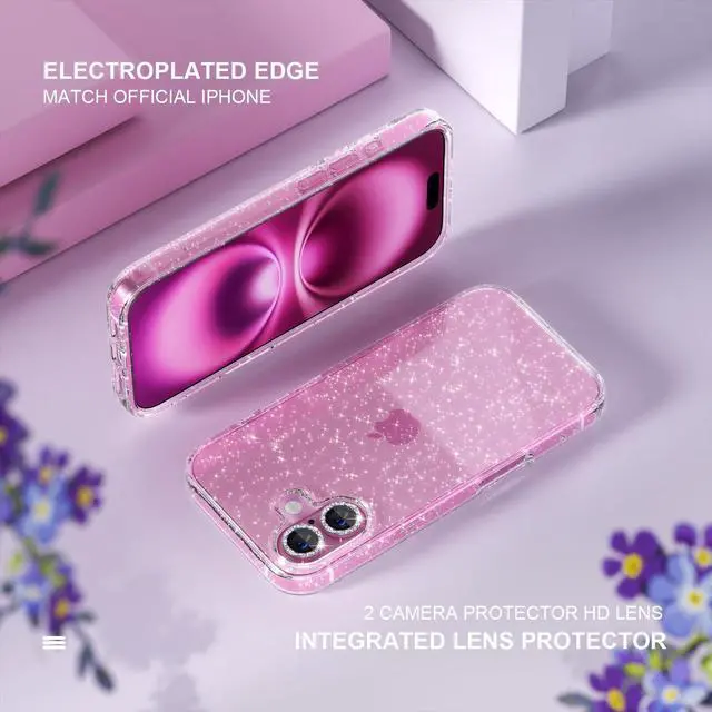 Alt view image 4 of 7 - Compatible for iPhone 16 Case Women Phone Case, Cute Bling Sparkly, Military Grade Drop Protection, 2 Diamond Camera Lens Covers, 2 Tempered Glass Protectors, 6.1 inch (Glitter Clear)