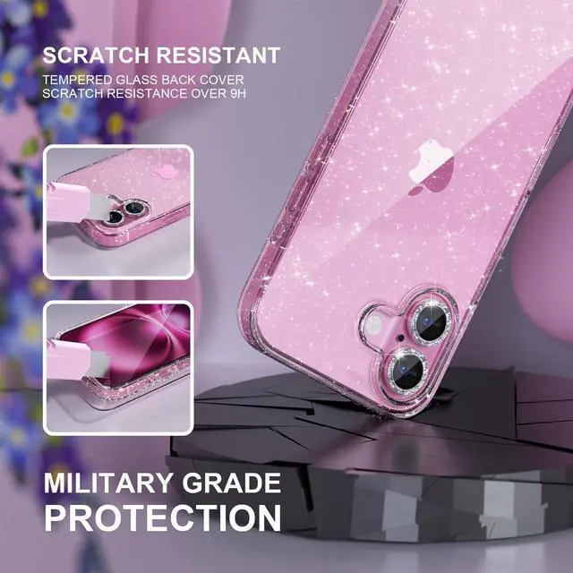 Alt view image 5 of 7 - Compatible for iPhone 16 Case Women Phone Case, Cute Bling Sparkly, Military Grade Drop Protection, 2 Diamond Camera Lens Covers, 2 Tempered Glass Protectors, 6.1 inch (Glitter Clear)