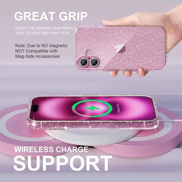 Alt view image 6 of 7 - Compatible for iPhone 16 Case Women Phone Case, Cute Bling Sparkly, Military Grade Drop Protection, 2 Diamond Camera Lens Covers, 2 Tempered Glass Protectors, 6.1 inch (Glitter Clear)