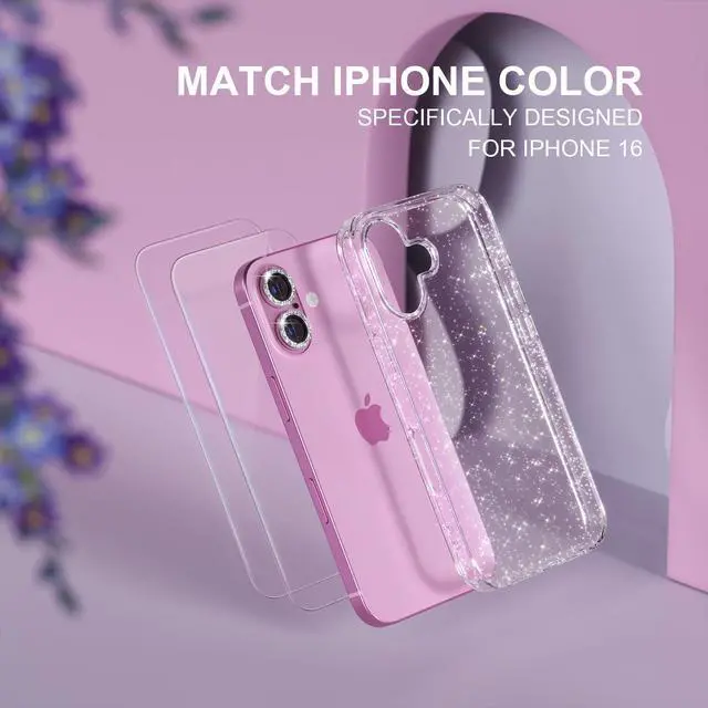 Alt view image 7 of 7 - Compatible for iPhone 16 Case Women Phone Case, Cute Bling Sparkly, Military Grade Drop Protection, 2 Diamond Camera Lens Covers, 2 Tempered Glass Protectors, 6.1 inch (Glitter Clear)