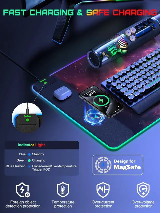 Alt view image 10 of 14 - RGB Gaming Mouse Pad with 15W Wireless Charging, 31.5 x 15.8 XXL Large Desk Mat Home Office Keyboard Pad for Desk, Waterproof Mousepad with Smooth Surface, Non-Slip Base, Galaxy Nebula