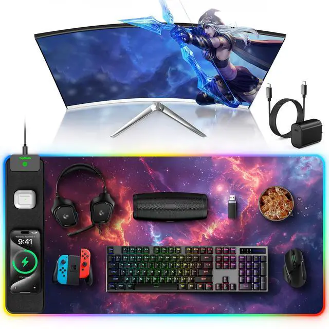 Alt view image 9 of 14 - RGB Gaming Mouse Pad with 15W Wireless Charging, 31.5 x 15.8 XXL Large Desk Mat Home Office Keyboard Pad for Desk, Waterproof Mousepad with Smooth Surface, Non-Slip Base, Galaxy Nebula