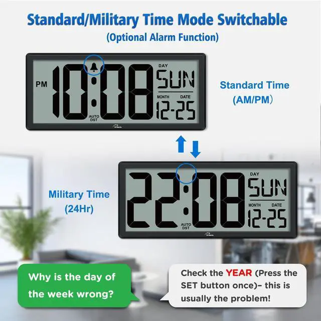Alt view image 11 of 14 - 14.5'' Large Digital Wall Clock Battery Operated with Jumbo Numbers, Temperature and Date - Easy to Read and Set, Auto DST