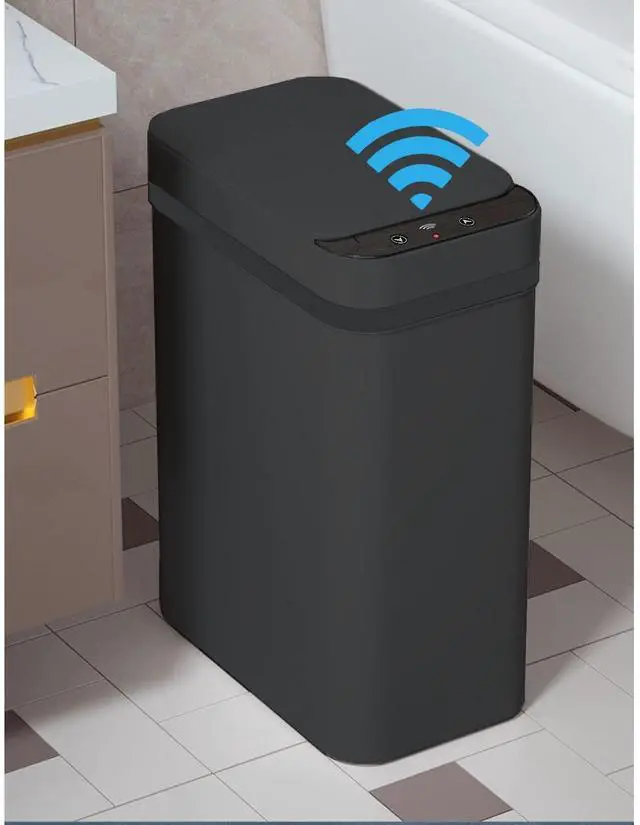 Alt view image 8 of 14 - Touchless Bathroom Trash Can - 2.5 Gallon Smart Trash Can Sensor Motion - Skinny Trash Bin with Lid - Electric, Narrow, Plastic, Auto Open - Small Slim Automatic Garbage Can (Black)