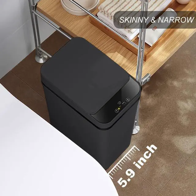 Alt view image 10 of 14 - Touchless Bathroom Trash Can - 2.5 Gallon Smart Trash Can Sensor Motion - Skinny Trash Bin with Lid - Electric, Narrow, Plastic, Auto Open - Small Slim Automatic Garbage Can (Black)