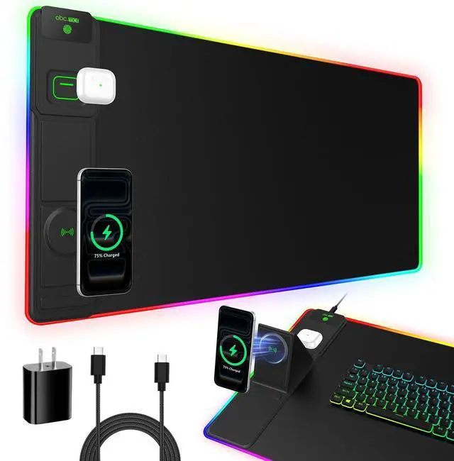 Alt view image 8 of 14 - XXL RGB LED Gaming Mouse Pad with Magnetic Wireless Charger & Foldable Phone Holder, 31.5"x15.8" Extended Ultra-Smooth Desk Mat, 25 Lighting Effects, Non-Slip Base, Includes 20W PD Adapter