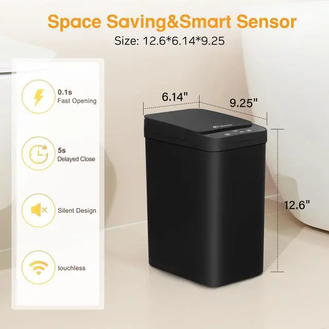 Alt view image 9 of 14 - Black Bathroom Trash Can 2.6 Gallon Motion Sensor Trash Cans Automatic Touchless Garbage Bin Small Smart Trash Can for Bathroom,Kitchen, Toilet, Bedroom, RV